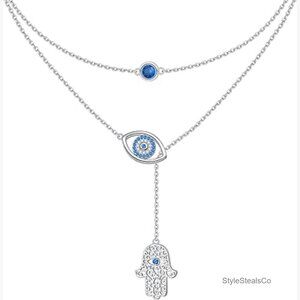 925 Sterling Silver Double Chain Hamsa Evil Eye Protection Necklace